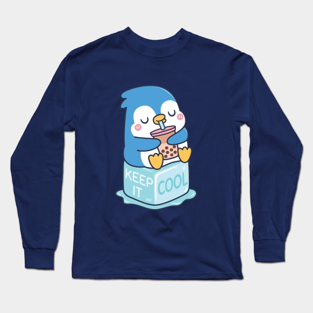 Cute Penguin Drinks Boba Tea Keep It Cool Long Sleeve T-Shirt by rustydoodle